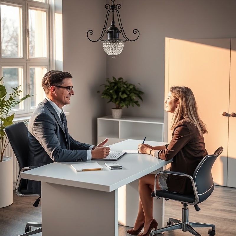 Finanční poradce v rozhovoru s klientem přes stůl v prosvětlené kanceláři